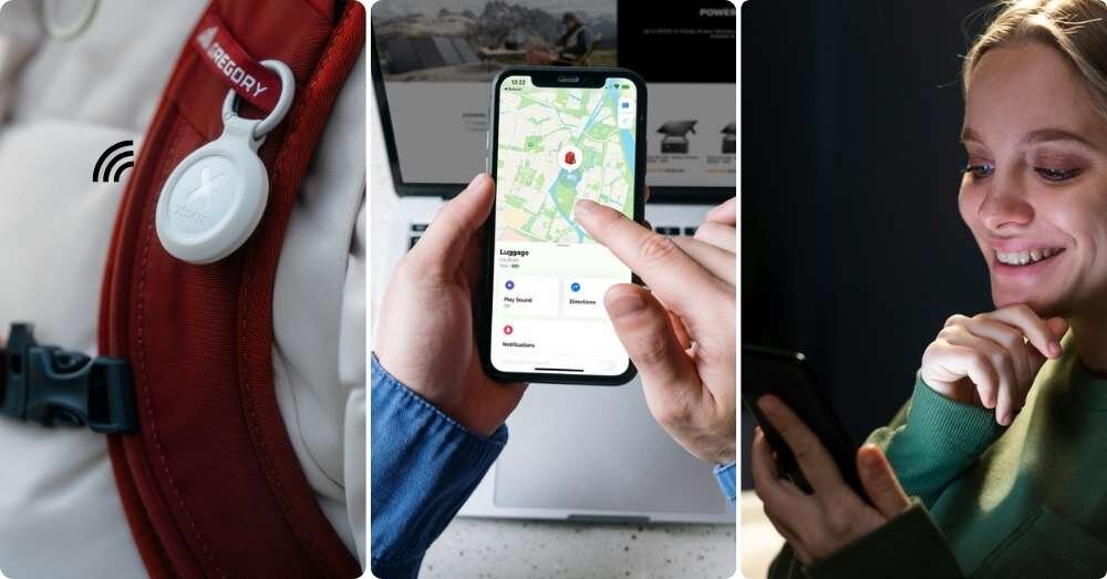Trzy zdjęcia przedstawiają: biały lokalizator przypięty do czerwonego plecaka, osoba trzymająca telefon z mapą i lokalizacją, oraz osoba patrząca na telefon z uśmiechem.