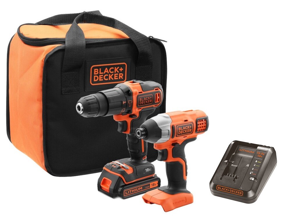 Zestaw elektronarzędzi BLACK&DECKER BCK21S1S w zestawie wiertarko-wkrętarka BDCHD18 zakrętarka udarowa BDCIM18N akumulator ładowarka miękka torba transportowa instrukcja obsługi w języku polskim karta gwarancyjna