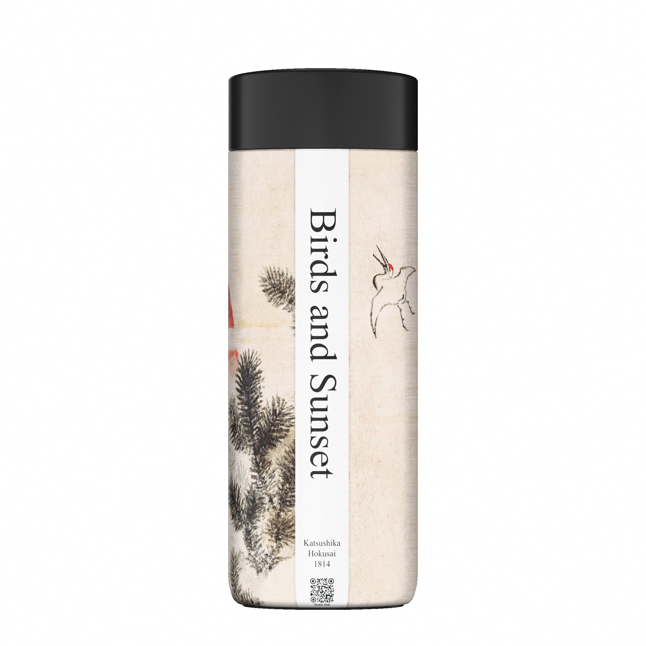 Kubek termiczny z czarną pokrywką, ozdobiony grafiką przedstawiającą ptaki i zachód słońca. Na białym pasku widnieje tekst: \'Birds and Sunset Katsushika Hokusai 1814\'.