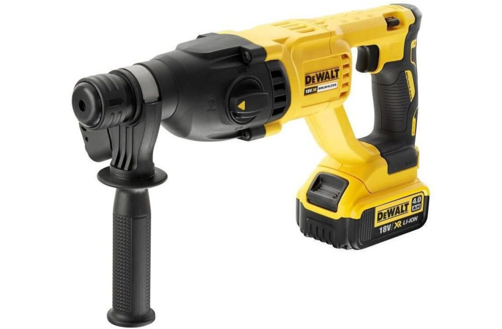 Mlotowiertarka DEWALT DCH133M1 zalety zasilanie akumulatorowe bezszczotkowy silnik wydajnosc akumlator Li-ion XR 18 V pojemnosc 4.0Ah wydluzony czas pracy zmniejszona potrzeba serwisowania