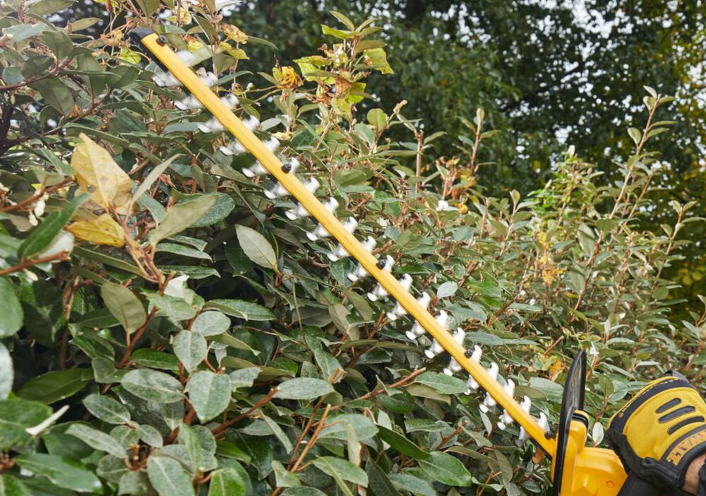 Nożyce do żywopłotu DEWALT DCM563PB-XJ akumulatorowe ostrza ze stali hartowanej dlugosc 55 cm wycinane technika laserowa odstepy miedzy zebami 19 mm ciecie galezi o srednicy do 19 mm