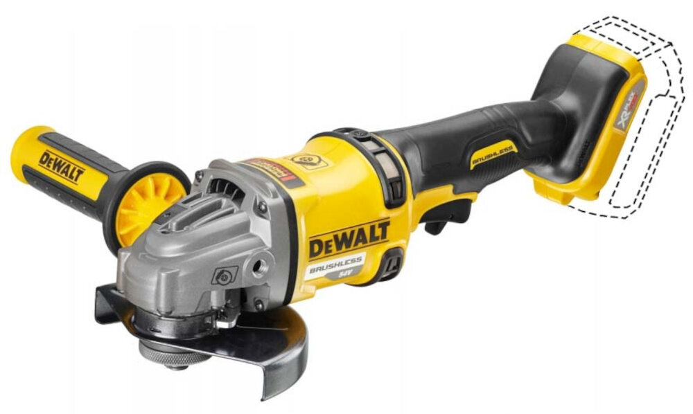 Szlifierka katowa DEWALT DCG414NT funkcje elektroniczny hamulec blokada wrzeciona sprzeglo elektroniczne 2-pozycyjna rekojesc boczna