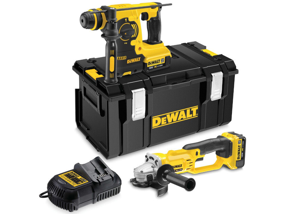 Zestaw Combo DEWALT 18 V DCK271M2 w zestawie młotowiertarka DCH253 szlifierka kątowa DCG412 2 akumulatory ładowarka walizka transportowa instrukcja obsługi w języku polskim karta gwarancyjna