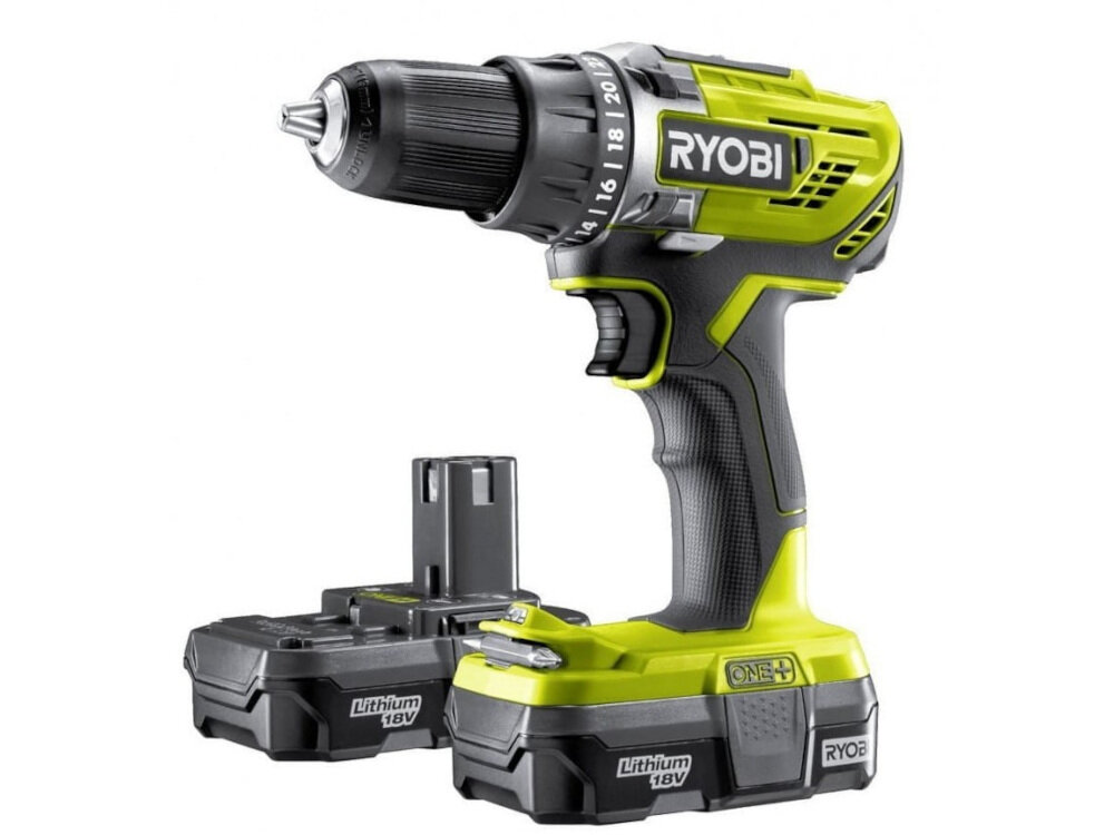 Wiertarko-wkrętarka RYOBI R18DD3-213S zasilanie akumulator Li-Ion o napięciu 18 V technologia bezszczotkowa korzysta z opatentowanej elektroniki maksymalny moment obrotowy 50 Nm 24 ustawienina momentu obrotowego w zestawie dwa akumulatory o pojemności 1,3 Ah każdy