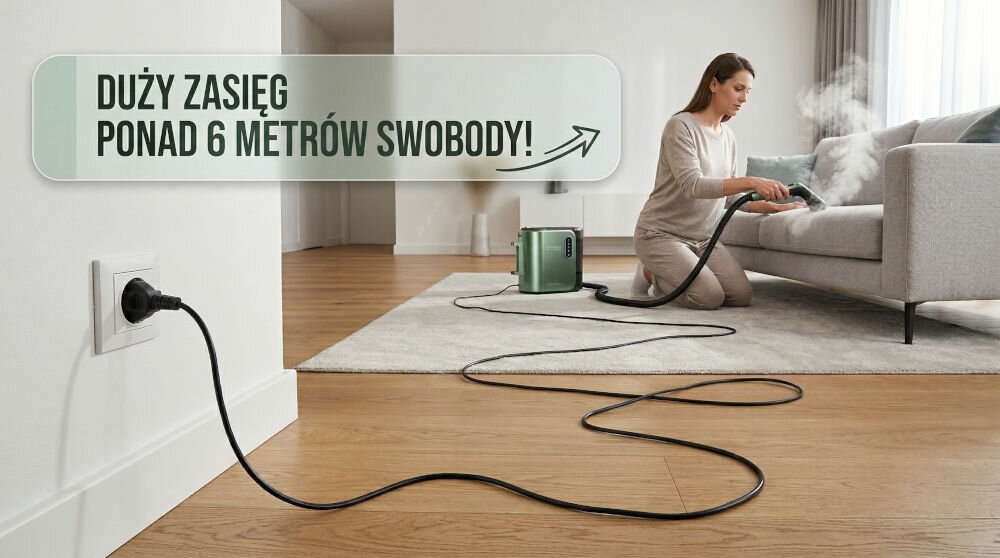 Kobieta używa odkurzacza piorącego przy kanapie, a na obrazie widoczny jest tekst: \'DUŻY ZASIĘG PONAD 6 METRÓW SWOBODY!\'.