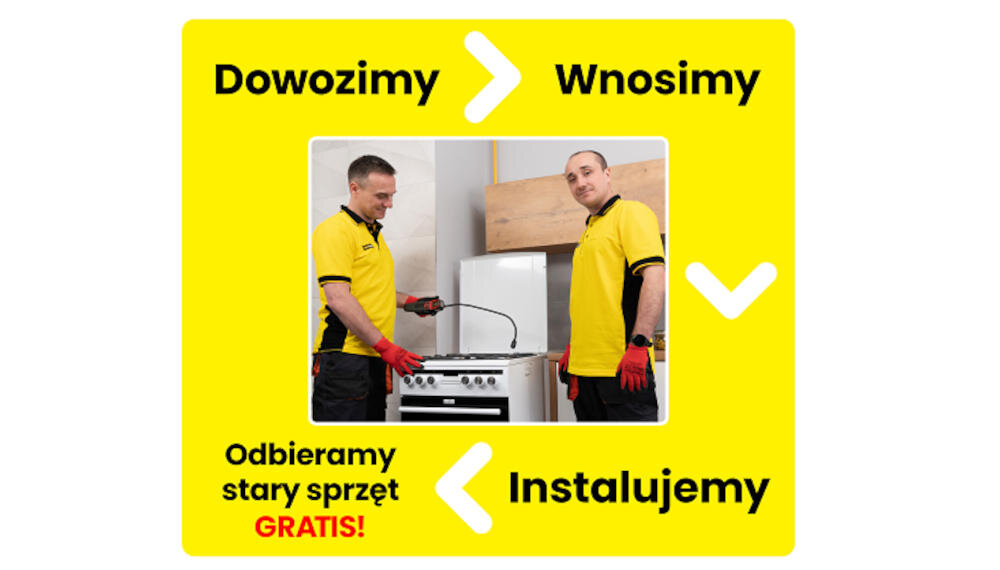 Dwóch mężczyzn w żółtych koszulkach i czerwonych rękawicach stoi przy kuchence. Tekst na żółtym tle: \'Dowozimy\', \'Wnosimy\', \'Odbieramy stary sprzęt GRATIS!\', \'Instalujemy\'.