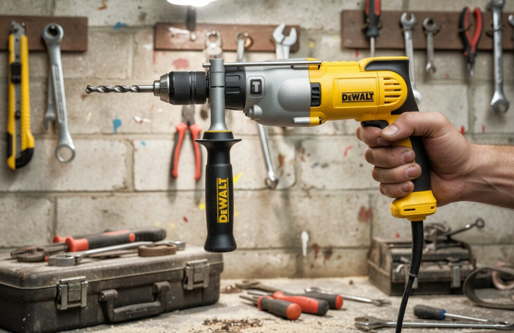 Wiertarka udarowa DEWALT DWD522KS pomieszczenie warsztat osoba trzyma wiertarkę w dłoni w tle ściana z szarej cegły na ścianie różne narzędzia moc wydajność precyzja wszechstronność