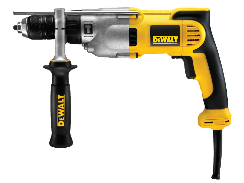 Wiertarka udarowa DEWALT DWD522KS wiertarka na białym tle widoczna z boku dwubiegowa przekładnia pierwszy bieg z prędkością w zakresie 0-1250 obr/min moment obrotowy do 40 Nm drugi z prędkością 0-3500 obr./ min moment obrotowy na poziomie do 20 Nm większa kontrola nad narzędziem precyzyjnie dobrane parametry