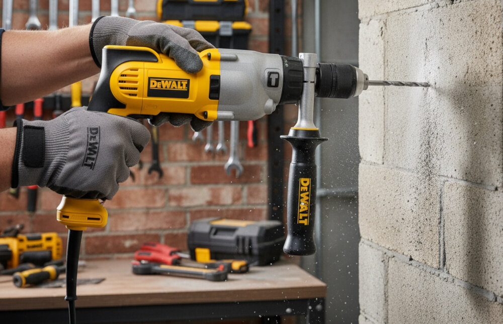 Wiertarka udarowa DEWALT DWD522KS pomieszczenie warsztat osoba trzyma wiertarkę w dłoni w tle ściana z cegły na ścianie różne narzędzia częstość udarów na poziomie 56000 ud./min praca w betonie i murze funkcja udaru pierścień wyboru trybu pracy