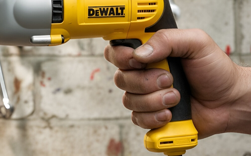 Wiertarka udarowa DEWALT DWD522KS pomieszczenie warsztat osoba trzyma wiertarkę w dłoni zbliżenie na przycisk funkcja płynnej regulacji prędkości sterowana z wyłącznika dopasowanie tempa wiercenia do rodzaju materiału i rozmiaru wiertła pełna kontrola nad narzędziem mechaniczne sprzęgło chroni silnik przed przeciążeniem solidny gwint wrzeciona 1/2 cala x 20 U.N.F stabilne przenoszenie momentu obrotowego