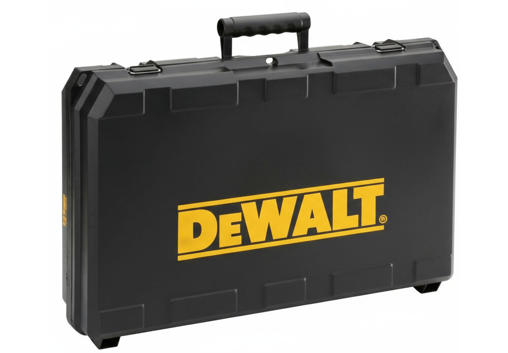 Wiertarka udarowa DEWALT DWD522KS walizka na białym tle solidna walizka transportowa z wysokiej jakości tworzywa sztucznego ochrona przed uszkodzeniami mechanicznymi, kurzem i wilgocią organizacja miejsca pracy