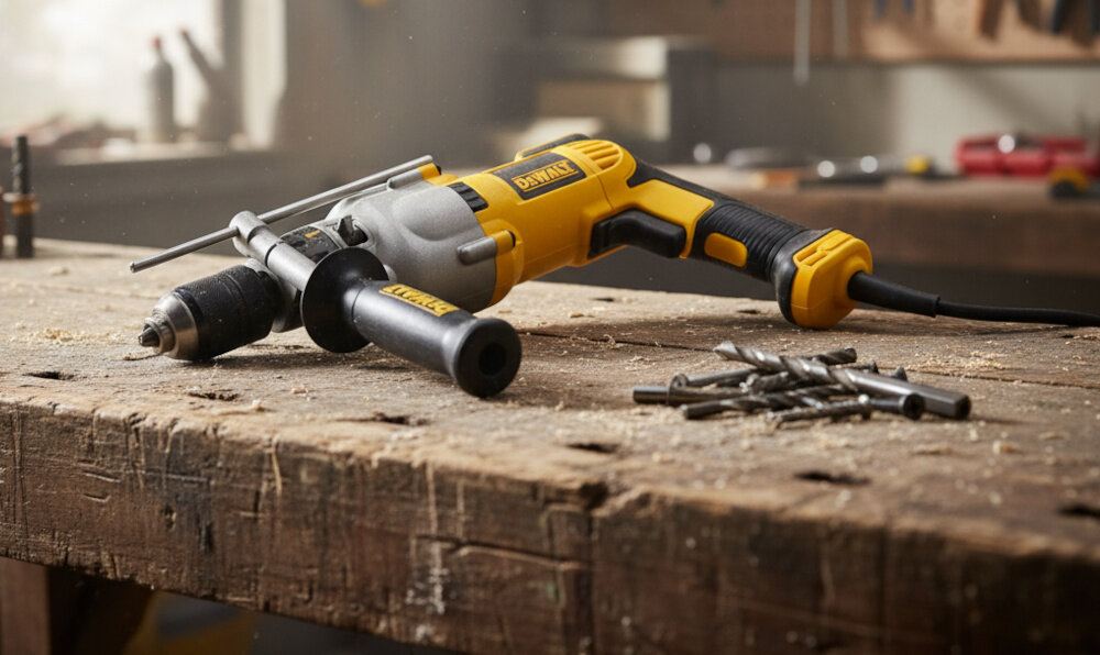 Wiertarka udarowa DEWALT DWD524KS pomieszczenie warsztat drewniany blat na blacie leży wiertarka w tle różne narzędzia moc wydajność precyzja wszechstronność