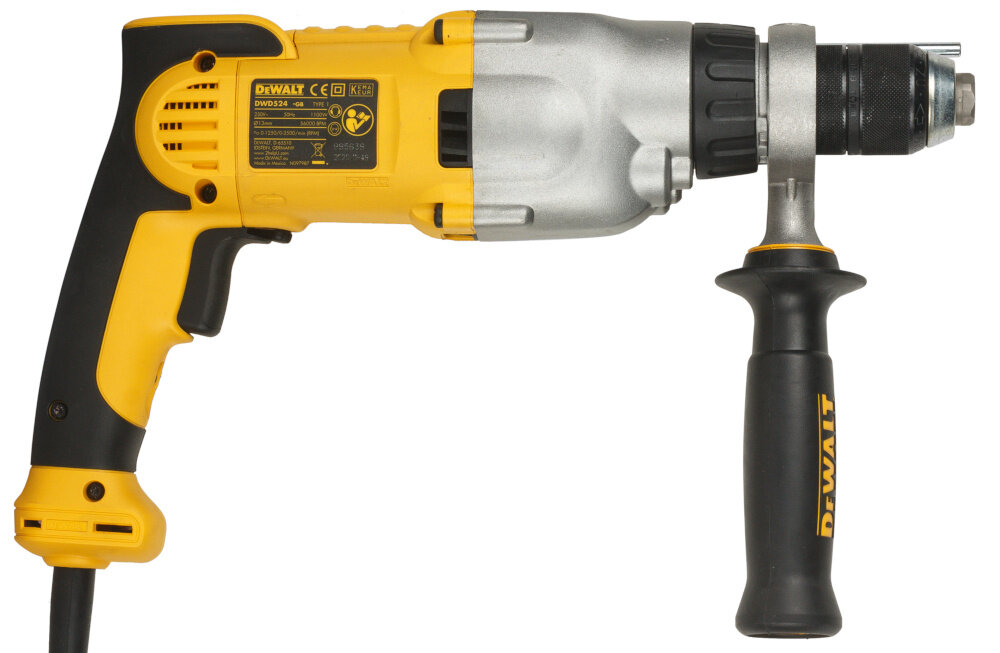 Wiertarka udarowa DEWALT DWD524KS wiertarka na białym tle widoczna z boku dwubiegowa przekładnia pierwszy bieg z prędkością w zakresie 0-1250 obr/min moment obrotowy do 40 Nm drugi z prędkością 0-3500 obr./ min moment obrotowy na poziomie do 20 Nm większa kontrola nad narzędziem precyzyjnie dobrane parametry