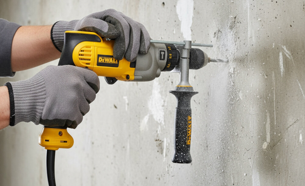 Wiertarka udarowa DEWALT DWD524KS pomieszczenie betonowa ściana osoba trzyma wiertarkę w dłoni wierci otwór w ścianie częstość udarów na poziomie 56000 ud./min praca w betonie i murze funkcja udaru pierścień wyboru trybu pracy