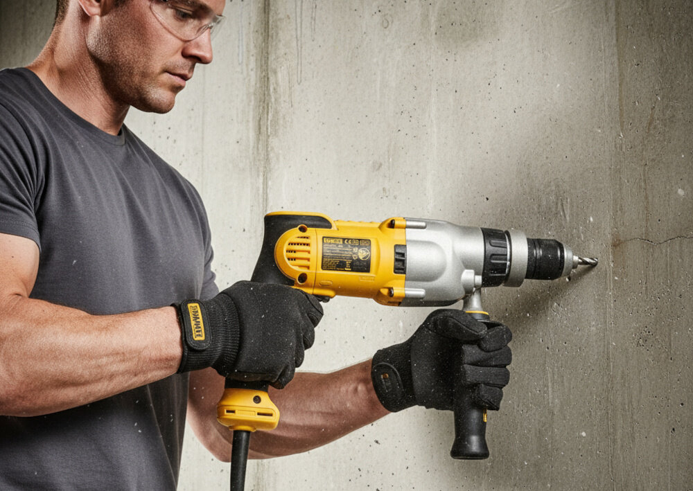 Wiertarka udarowa DEWALT DWD524KS pomieszczenie betonowa ściana osoba trzyma wiertarkę w dłoni wierci otwór w ścianie funkcja płynnej regulacji prędkości sterowana z wyłącznika dopasowanie tempa wiercenia do rodzaju materiału i rozmiaru wiertła pełna kontrola nad narzędziem mechaniczne sprzęgło chroni silnik przed przeciążeniem solidny gwint wrzeciona 1/2 cala x 20 U.N.F stabilne przenoszenie momentu obrotowego