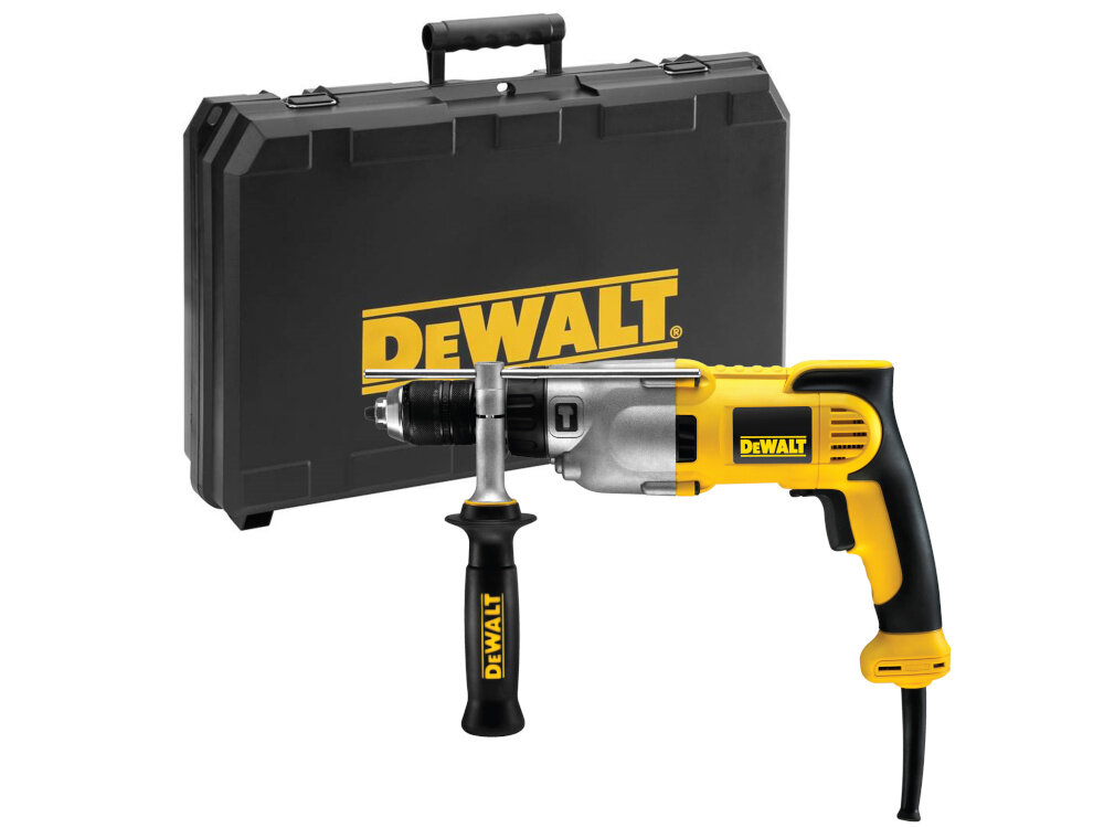 Wiertarka udarowa DEWALT DWD524KS zestaw na białym tle w zestawie wiertarka walizka rękojeść boczna ogranicznik głębokości wiercenia dokumentacja