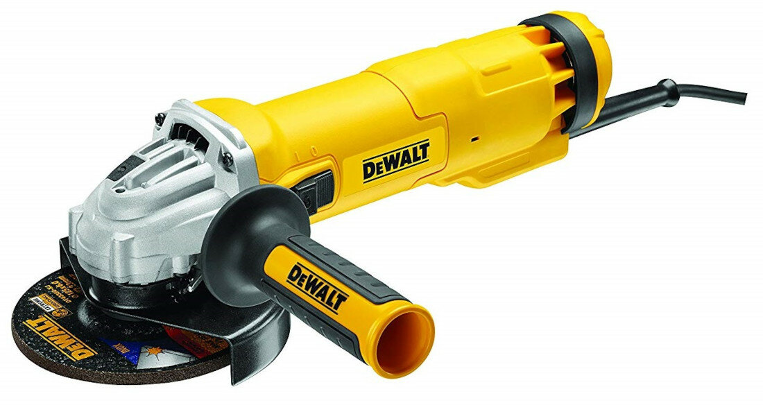 Szlifierka katowa DEWALT DWE4237K komfortowe uzytkowanie udogodnienia wyposazenie maly ergonomiczny obwod korpusu bezpieczna praca zabezpieczenia