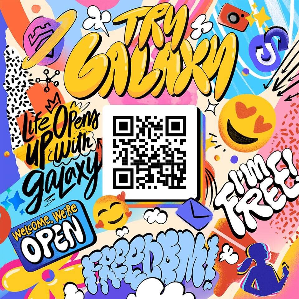 Kolorowa grafika z napisem \'TRY GALAXY\' oraz kodem QR na środku. Dodatkowe teksty to \'Life Opens UP with Galaxy\', \'Welcome, We\'re OPEN\', \'I\'m FREE!\' i \'FREEDOM!\'.