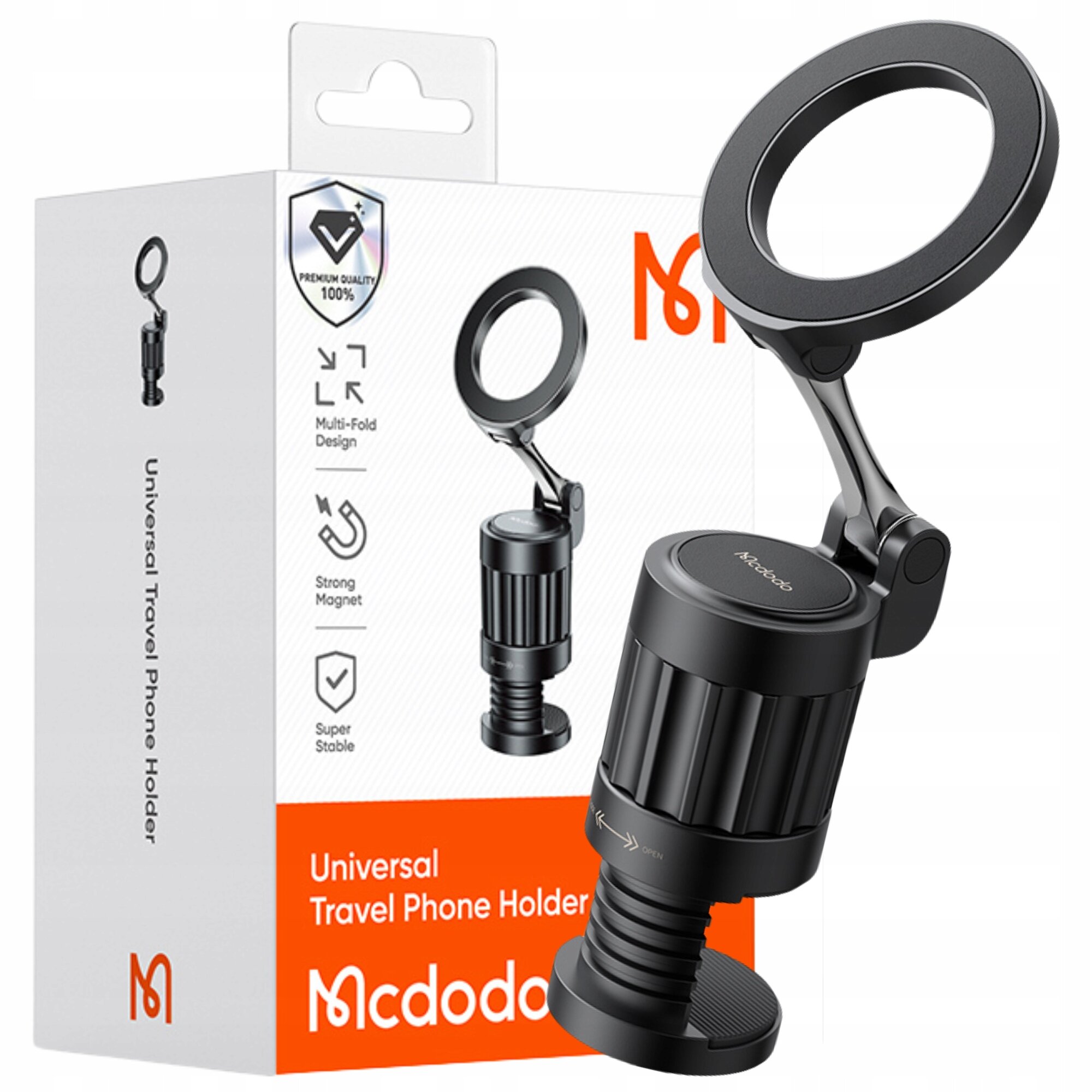 Na obrazie widoczny jest czarny uchwyt magnetyczny na telefon oraz jego opakowanie z napisem \'Universal Travel Phone Holder\' i logo \'Mcdodo\'. Opakowanie zawiera również ikony z napisami: \'Premium Quality 100%\', \'Multi-Fold Design\', \'Strong Magnet\', \'Super Stable\'.