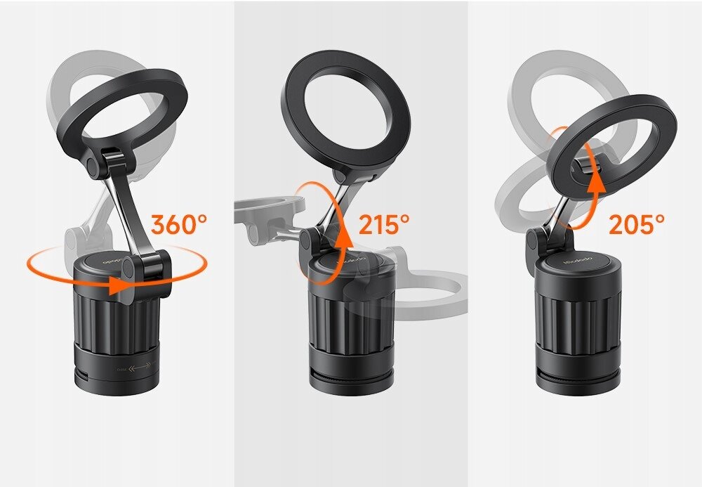 Obraz przedstawia trzy ujęcia uchwytu magnetycznego na telefon z możliwością obrotu o 360°, 215° i 205°. Uchwyt jest czarny, z okrągłym elementem na górze i cylindryczną podstawą.
