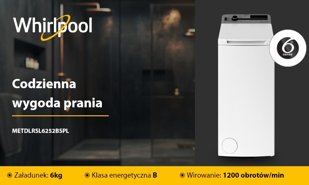 Obraz przedstawia pralkę z napisem \'Whirlpool\' oraz tekstem \'Codzienna wygoda prania\'. Dodatkowe informacje to: \'Załadunek: 6kg\', \'Klasa energetyczna B\', \'Wirowanie: 1200 obrotów/min\'.