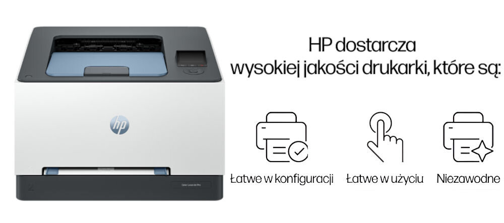 Obraz przedstawia drukarkę z logo HP oraz tekst: \'HP dostarcza wysokiej jakości drukarki, które są: Łatwe w konfiguracji, Łatwe w użyciu, Niezawodne\'.