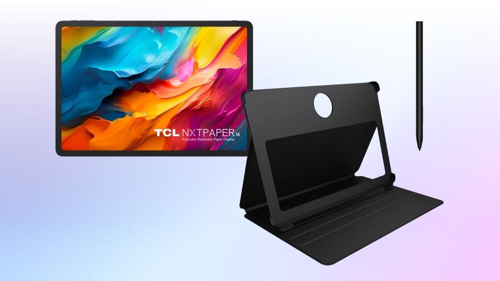 Obraz przedstawia tablet z kolorowym wyświetlaczem, obok znajduje się czarne etui oraz rysik. Na ekranie widoczny jest napis \'TCL NXTPAPER 14\'.