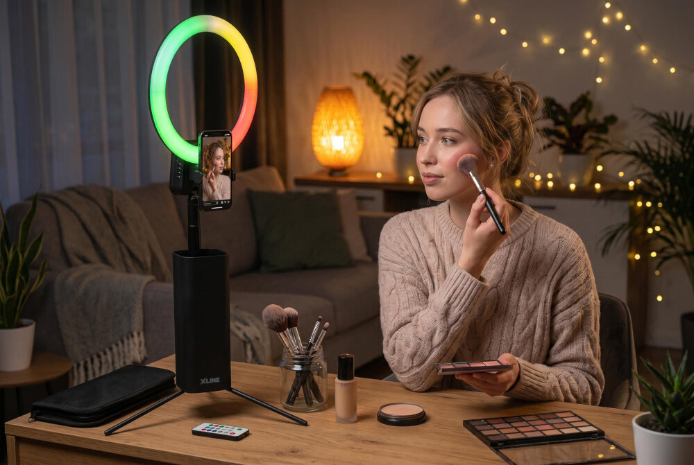 Osoba siedzi przy stole, używając pędzla do makijażu, obok niej znajduje się lampa pierścieniowa RGB z zamocowanym smartfonem. Na stole leżą kosmetyki, pędzle oraz pilot, a w tle widać oświetlenie dekoracyjne i rośliny.