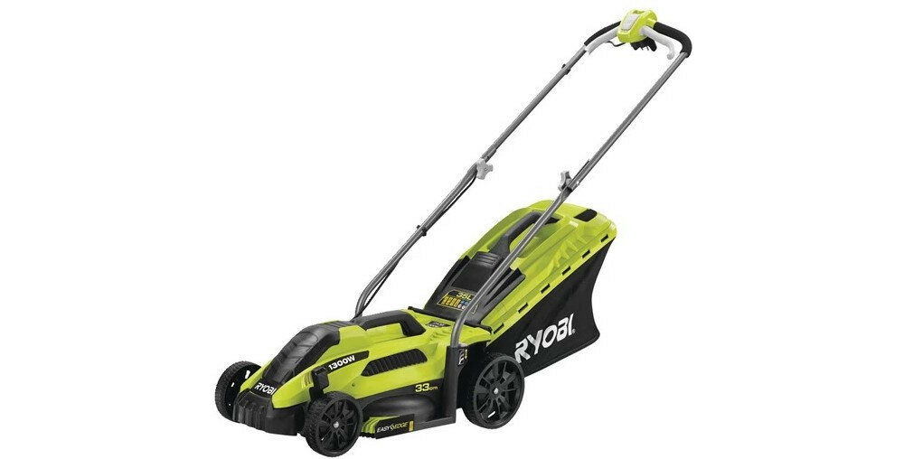 Kosiarka elektryczna RYOBI RLM13E33S 1300W noże szerokość robocza 33 cm wysokość robocza 20-60 mm centralna regulacja wysokości koszenia za pomocą dźwigni 5 różnych pozycji
