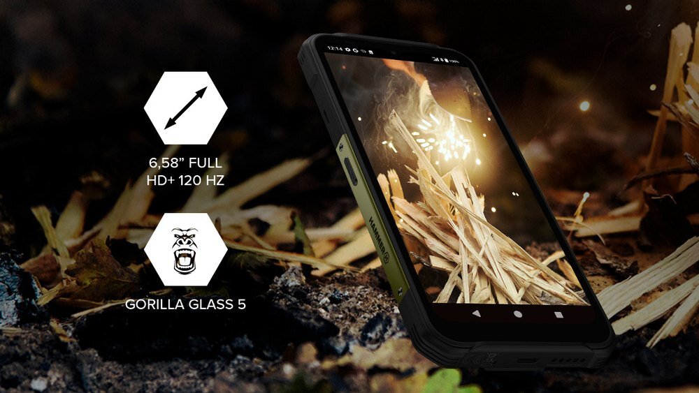 Smartfon z wyświetlaczem 6,58 cala Full HD+ 120 Hz, leży na tle suchych gałęzi. Obok widoczne są ikony z napisami: \'6,58\