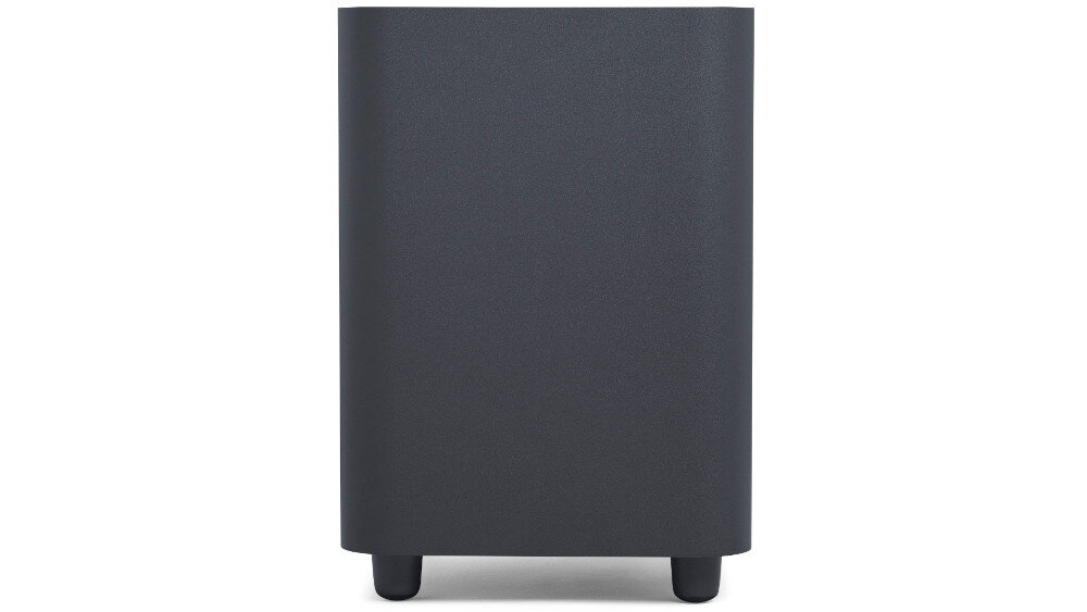 Czarny subwoofer o prostokątnym kształcie z zaokrąglonymi krawędziami, stojący na dwóch nóżkach. Powierzchnia jest gładka i jednolita.
