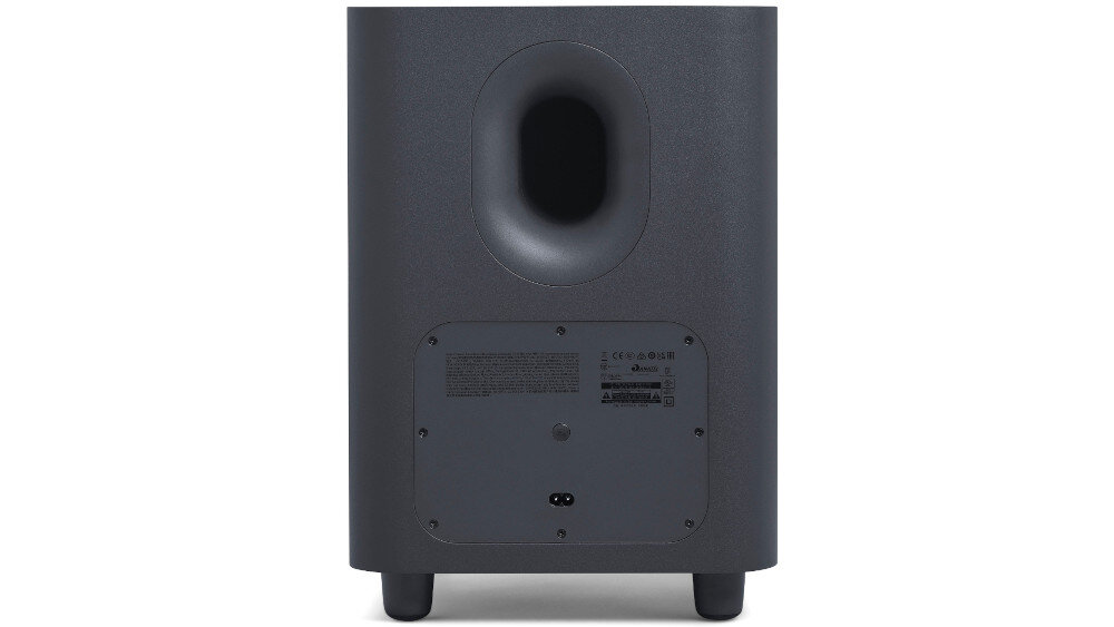 Czarny subwoofer z otworem bass-reflex na górze i panelem złączeniowym na dole. Na panelu widoczne są różne złącza i etykiety techniczne.