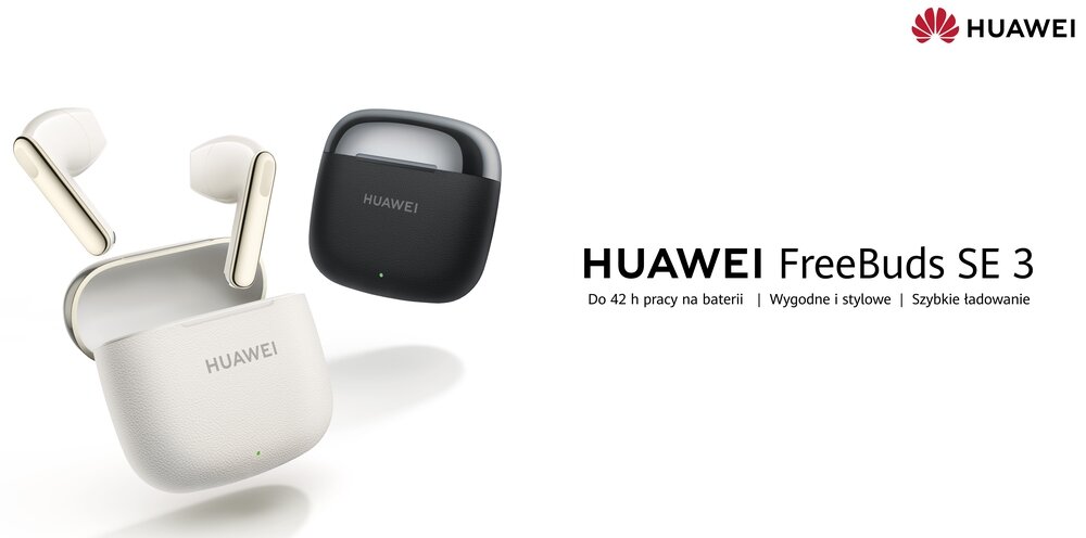 Obraz przedstawia dwa etui z słuchawkami dousznymi HUAWEI FreeBuds SE 3 w kolorach białym i czarnym. Widoczny jest tekst: \'HUAWEI FreeBuds SE 3 Do 42 h pracy na baterii | Wygodne i stylowe | Szybkie ładowanie\' oraz logo HUAWEI.