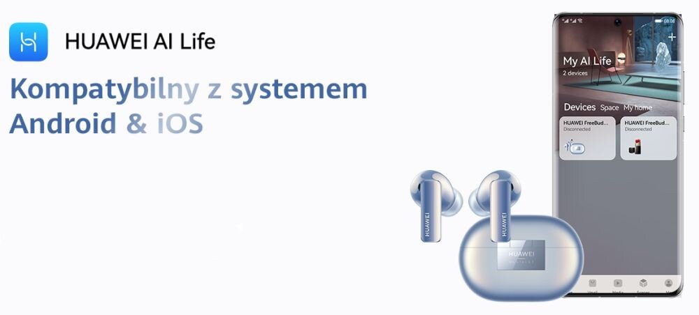 Obraz przedstawia słuchawki dokanałowe z etui oraz smartfon z aplikacją \'My AI Life\'. Widoczny jest tekst: \'HUAWEI AI Life Kompatybilny z systemem Android & iOS\'.