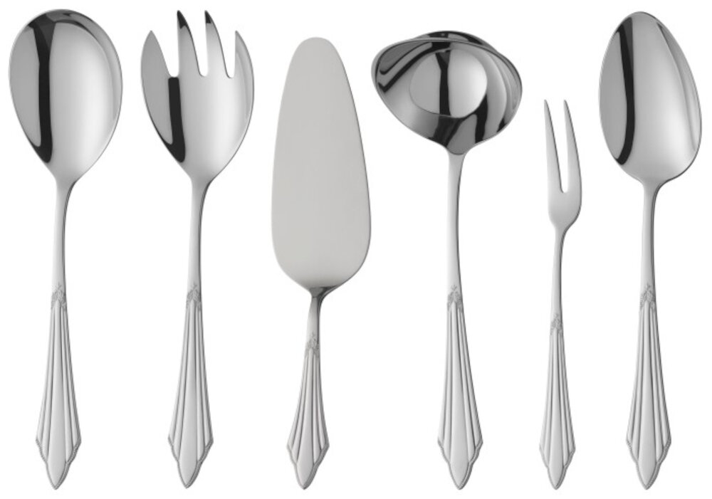 Na obrazie widoczne są różne sztućce wykonane z metalu, w tym łyżki, widelec, łopatka do ciasta i chochla. Każdy z elementów ma elegancki, błyszczący wygląd z ozdobnymi uchwytami.
