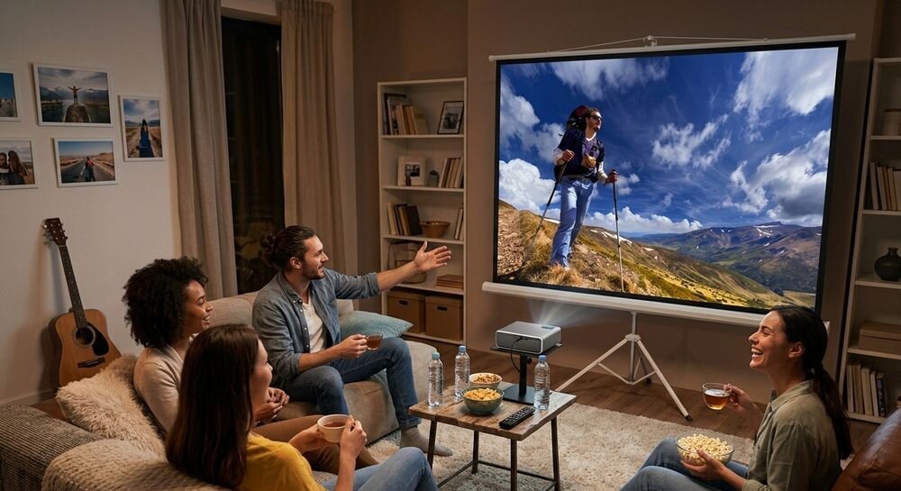 Grupa osób siedzi w salonie, oglądając film na dużym ekranie projekcyjnym. Na ekranie widać osobę w górach pod błękitnym niebem.