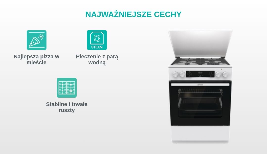 Obraz przedstawia kuchnię z piekarnikiem i płytą grzewczą oraz tekst \'NAJWAŻNIEJSZE CECHY\'. Obok znajdują się ikony z napisami: \'Najlepsza pizza w mieście\', \'Pieczenie z parą wodną\', \'Stabilne i trwałe ruszty\'.