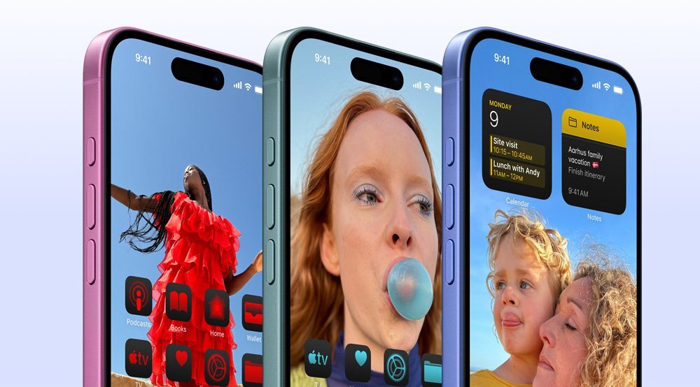 Trzy smartfony z wyświetlonymi różnymi aplikacjami i zdjęciami na ekranach. Każdy telefon ma inny kolor obudowy: różowy, zielony i niebieski.