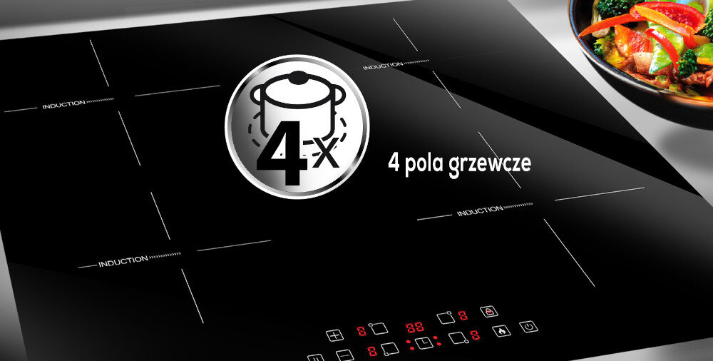 Czarna płyta indukcyjna z czterema polami grzewczymi oznaczonymi jako \'INDUCTION\'. Na środku widoczna jest ikona garnka z napisem \'4x\', a obok tekst \'4 pola grzewcze\'.