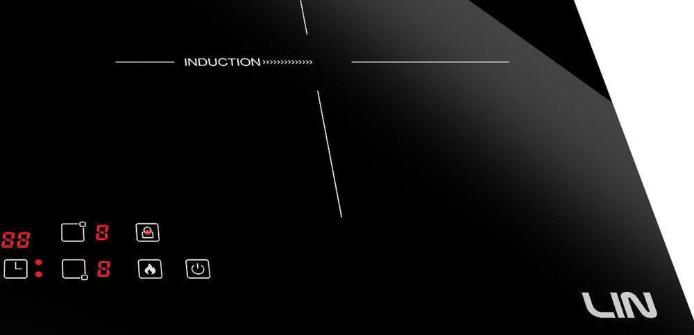 Czarna płyta indukcyjna z białymi liniami oznaczającymi strefy grzewcze i napisem \'INDUCTION\'. W prawym dolnym rogu widoczne jest logo \'LIN\'.