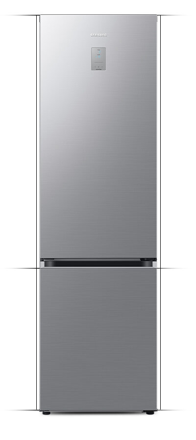Ponadczasowe wykończenie lodówki Samsung RB38C776CS9w szczotkowanej stali nierdzewnej Lodówka w kolorze szczotkowanej stali nierdzewnej z widocznym logo \'SAMSUNG\' na górnych drzwiach. Posiada prosty, nowoczesny design z panelem sterowania na froncie.