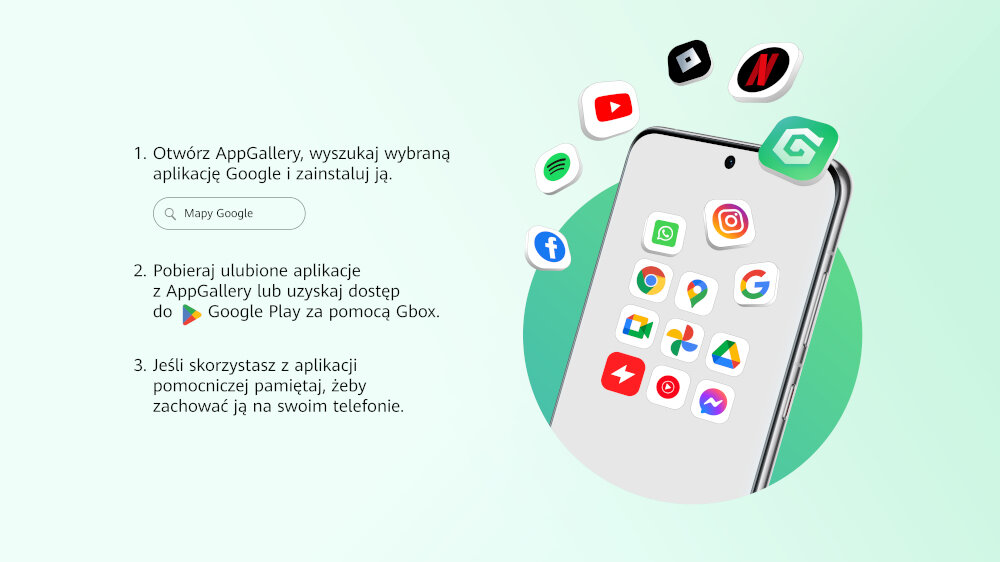 Grafika przedstawia smartfon z ikonami aplikacji, takimi jak YouTube, Spotify, Facebook, WhatsApp, Instagram, Google, Gmail, Mapy Google, Zdjęcia Google, Dysk Google, Messenger i inne. Obok znajduje się tekst instrukcji dotyczący instalacji aplikacji z AppGallery i Gbox, z widocznym tekstem: \'1. Otwórz AppGallery, wyszukaj wybraną aplikację Google i zainstaluj ją. 2. Pobieraj ulubione aplikacje z AppGallery lub uzyskaj dostęp do Google Play za pomocą Gbox. 3. Jeśli skorzystasz z aplikacji pomocniczej pami
