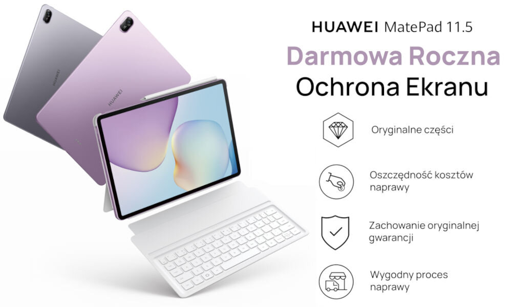 Obraz przedstawia tablet z klawiaturą i rysikiem, z widocznymi dwoma kolorami obudowy: fioletowym i szarym. Tekst na obrazie: \'HUAWEI MatePad 11.5 Darmowa Roczna Ochrona Ekranu\', oraz ikony z napisami: \'Oryginalne części\', \'Oszczędność kosztów naprawy\', \'Zachowanie oryginalnej gwarancji\', \'Wygodny proces naprawy\'.