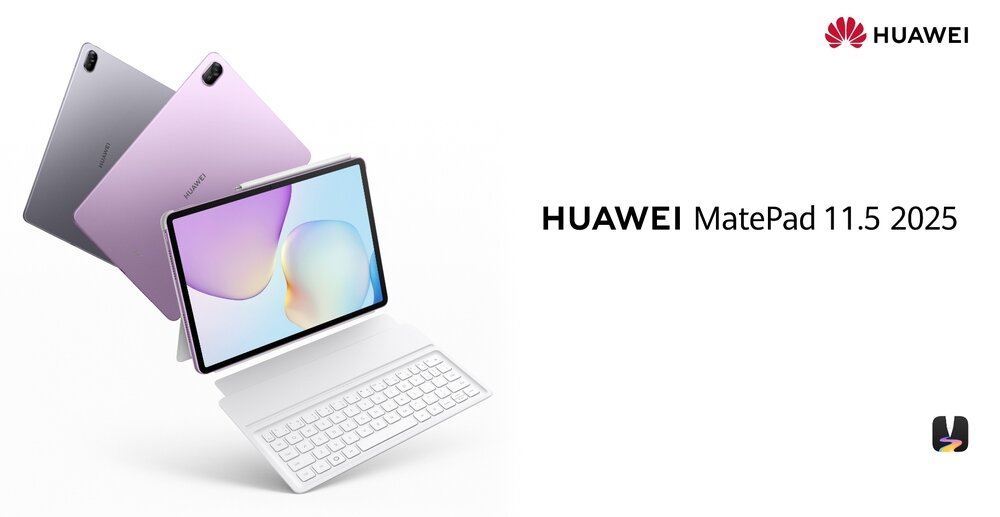 Obraz przedstawia tablet z klawiaturą i rysikiem, z widocznym logo HUAWEI oraz napisem \'HUAWEI MatePad 11.5 2025\'. Tablet jest w kolorze fioletowym, a w tle widać jego różne perspektywy.
