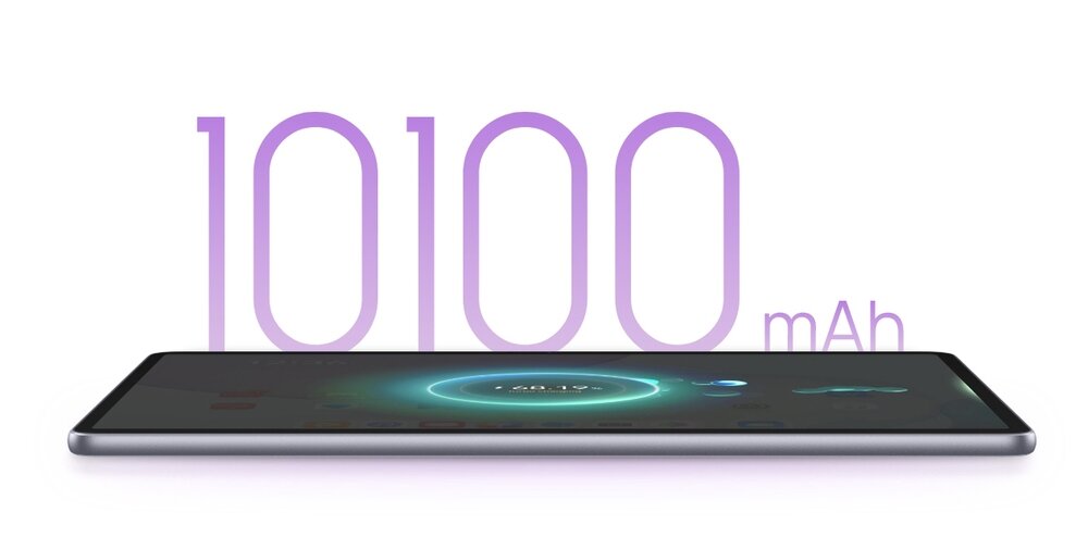 Obraz przedstawia tablet z widocznym ekranem, na którym znajduje się okrągły wzór. W tle widoczny jest duży napis \'10100 mAh\' w kolorze fioletowym.