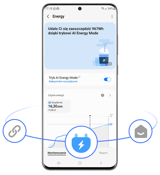 Działanie Energy w aplikacji SmartThings pralki EcoBubble AI Energy Ekran smartfona z aplikacją pokazującą oszczędność energii w trybie AI Energy Mode, z informacją o zaoszczędzeniu 967Wh. Widoczny jest wykres zużycia energii oraz ikony związane z monitorowaniem i oszczędzaniem energii.