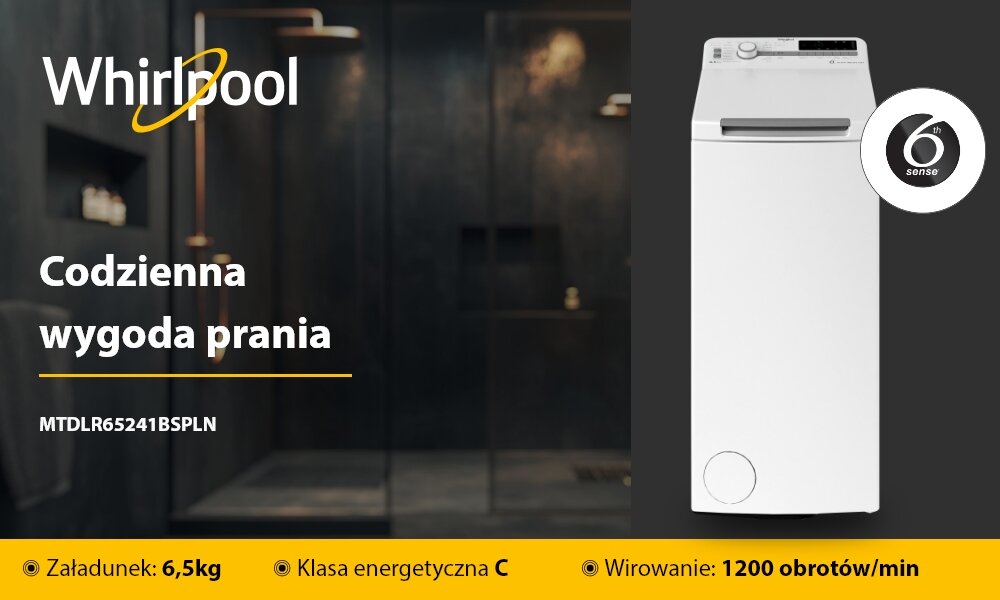 Obraz przedstawia pralkę z widocznym logo \'Whirlpool\' oraz tekstem: \'Codzienna wygoda prania MTDLR65241BSPLN\'. Na dole znajdują się informacje: \'Załadunek: 6,5kg\', \'Klasa energetyczna C\', \'Wirowanie: 1200 obrotów/min\'.