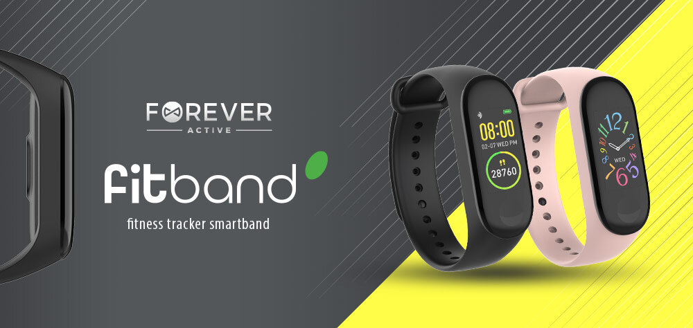 Obraz przedstawia dwa smartbandy w kolorach czarnym i różowym z wyświetlaczami pokazującymi godzinę i datę. Widoczne są napisy: \'FOREVER ACTIVE\', \'fitband\', \'fitness tracker smartband\'.