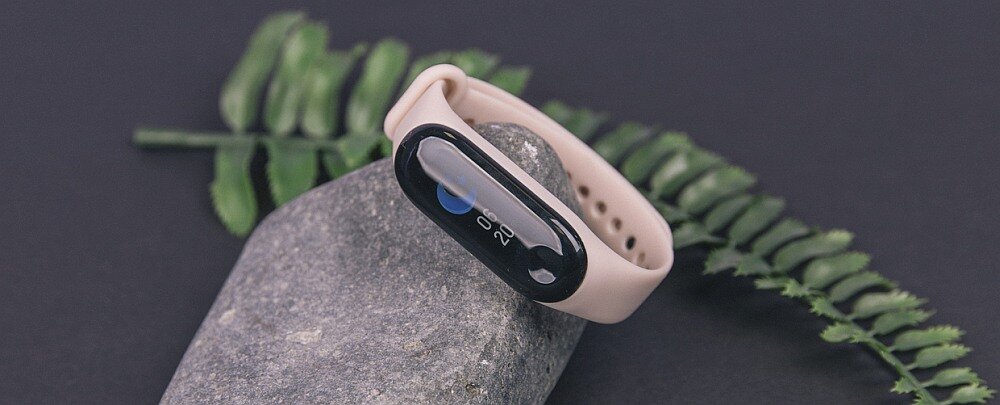 Smartband z czarnym ekranem i jasnym paskiem leży na kamieniu. W tle widoczne są zielone liście paproci.