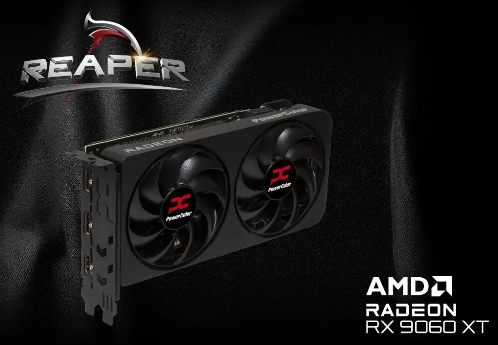 Obraz przedstawia kartę graficzną z dwoma wentylatorami, na tle ciemnej powierzchni. Widoczne są napisy: \'REAPER\', \'AMD RADEON RX 9060 XT\' oraz logo PowerColor.